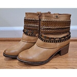 Carlos Santana Cole Rocker Booties Tan Womens Size 8.5 Braided Straps Chains